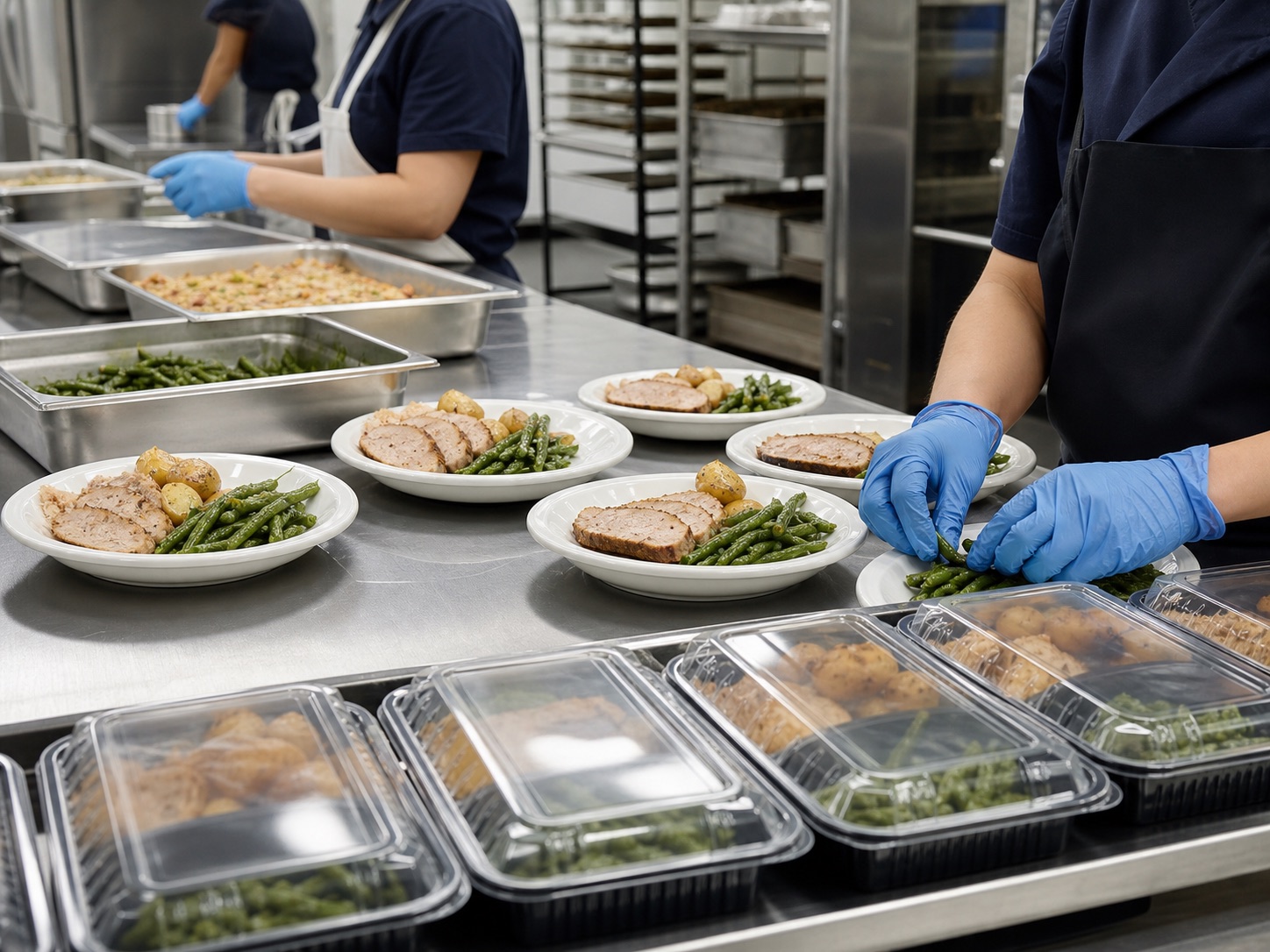 Professional food service crew preparing meals in an institutional kitchen