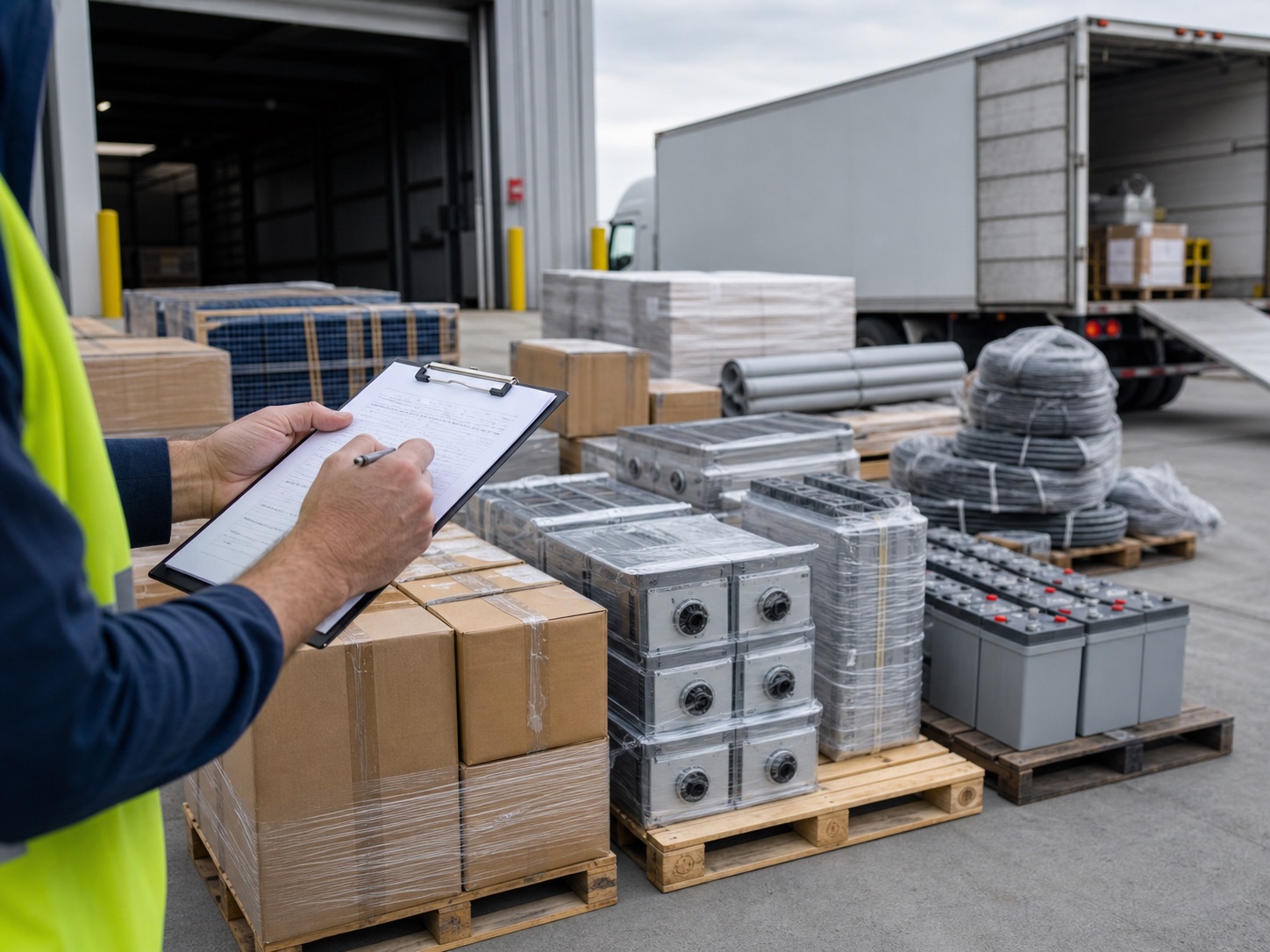 Staged industrial materials and equipment at a loading dock